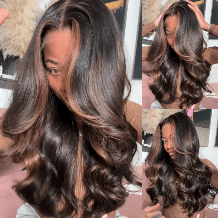 Money Piece Brown Body Wave Lace Front Wigs Glueless Skunk Stripe Color Human Hair Wigs Flash Sale - Image 4