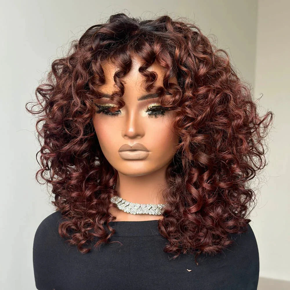 Geeta 300% Density Lazy Girl Glueless Wigs Ginger Brown Bouncy Wave 13x4 Lace Front Human Hair Wigs Brown Black Hair Root Curly Wig With Bangs - Image 6