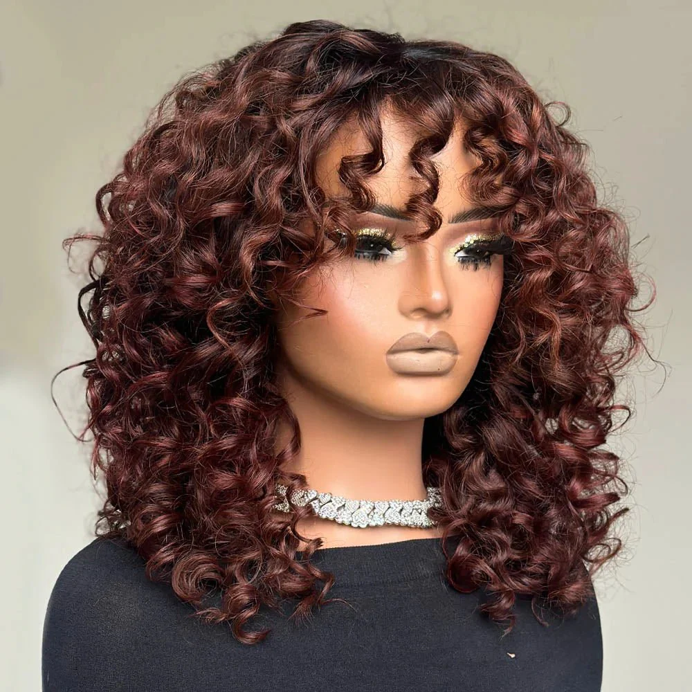 Geeta 300% Density Lazy Girl Glueless Wigs Ginger Brown Bouncy Wave 13x4 Lace Front Human Hair Wigs Brown Black Hair Root Curly Wig With Bangs - Image 7
