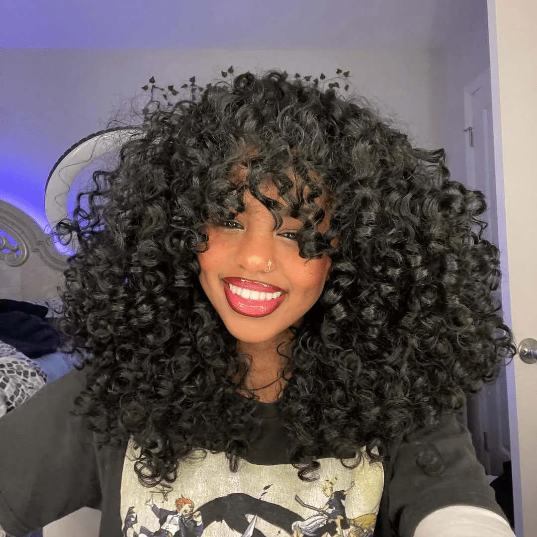 300% Density Rum Curly Afro Wig With Bangs 13x4 Lace Front Natural Curly Human Hair Wigs Pre Plucked - Image 3