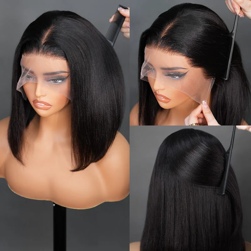 7x5 Lace Yaki Straight Glueless Put On And Go Short Bob Wig 13x4 Lace Frontal Invisi Drawstring Flash Sale - Image 3
