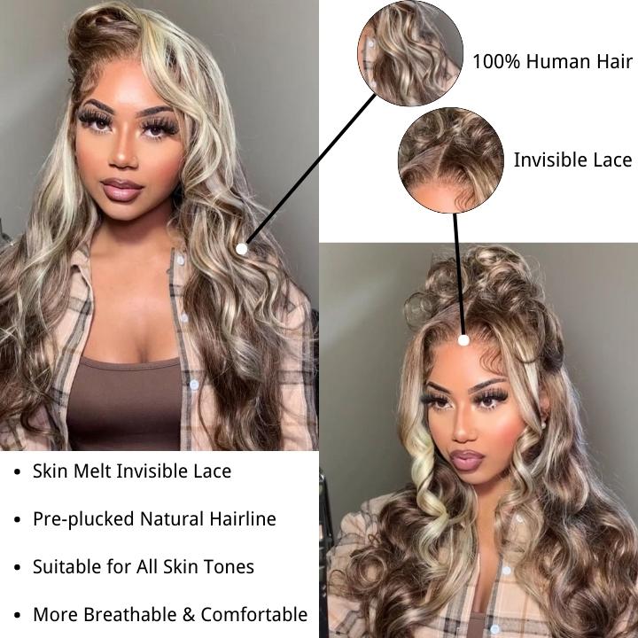 Ash Blonde Balayage Straight/Body Wave Lace Front Wig Tea Brown Colored Human Hair Wigs With Highlights - Image 5