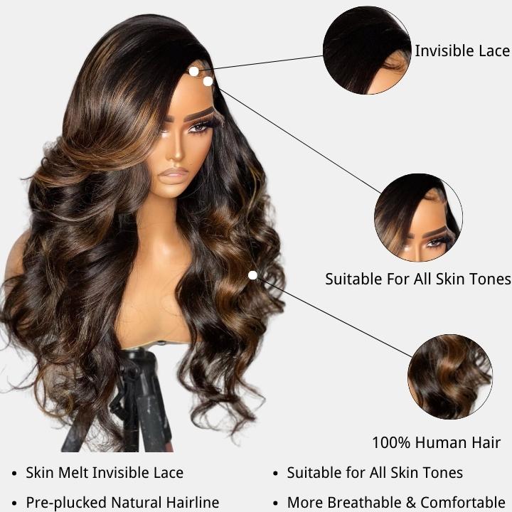 Balayage Light Brown Body Wave Glueless Transparent Lace Front Wig Highlight Pre Plucked Hairline Human Hair Wigs - Image 4