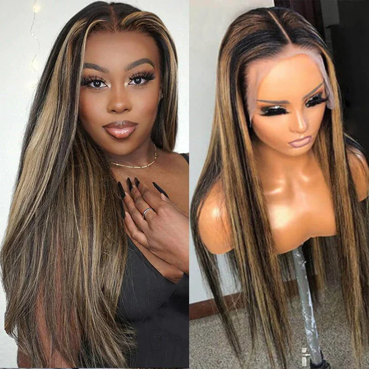 Balayage Straight Hair Honey Blonde 13x4/4x4 Lace Front Wig Face Frame Highlights Human Hair Wigs - Image 2