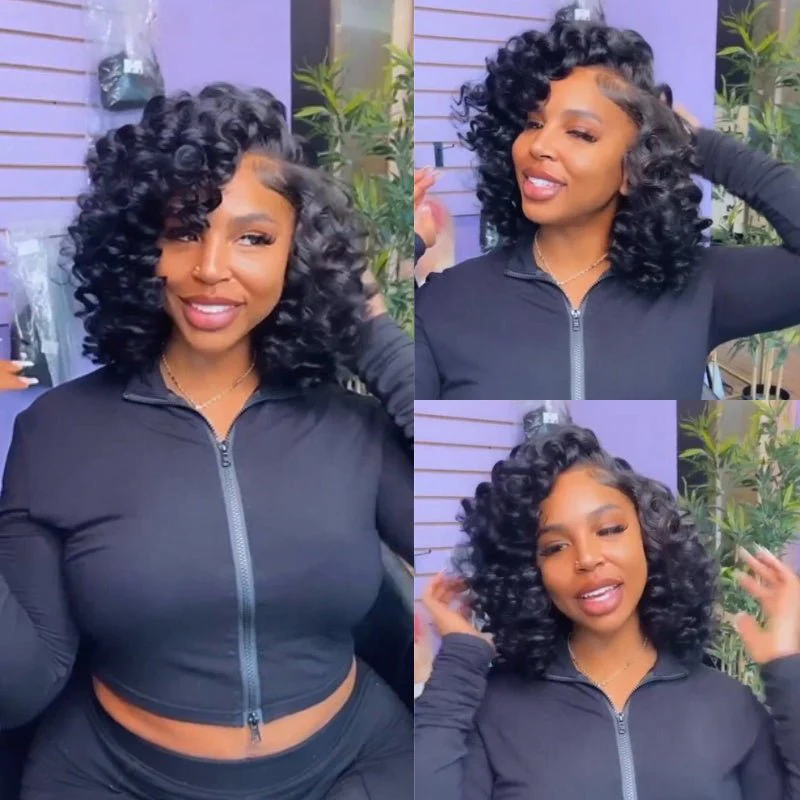 Bouncy Curly Bob Human Hair Wigs Beginner Friendly Glueless Lace Front Wig 180% Density Flash Sale