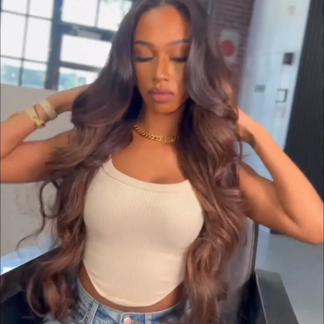 Brown Body Wave Glueless Wig Black Hair with Chestnut Brown 13x4 Highlights Lace Front Wig - Image 3