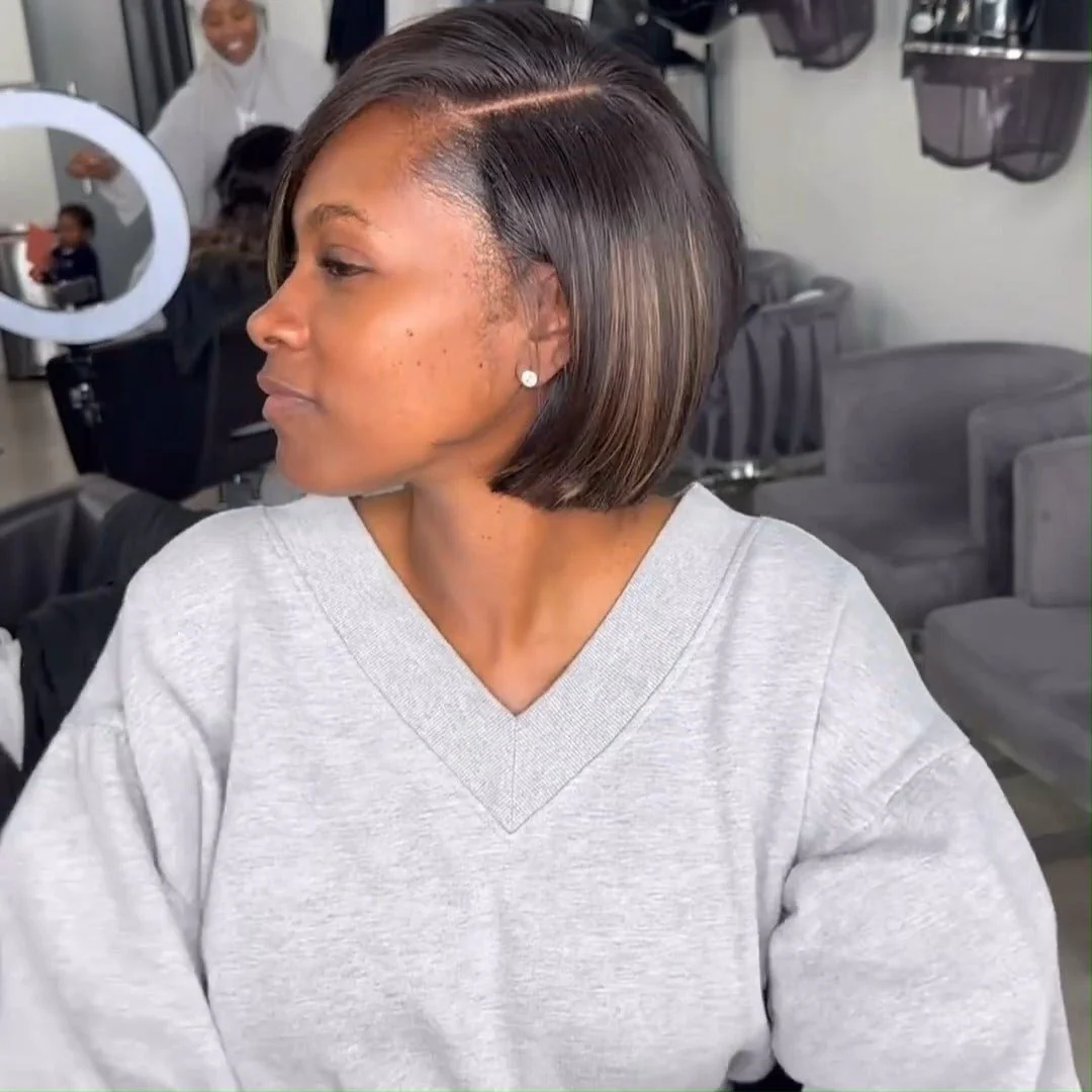 Geeta Brown Highlight Side Part Short Bob Wig Glueless Straight Lace Front Human Hair Wigs - Image 2