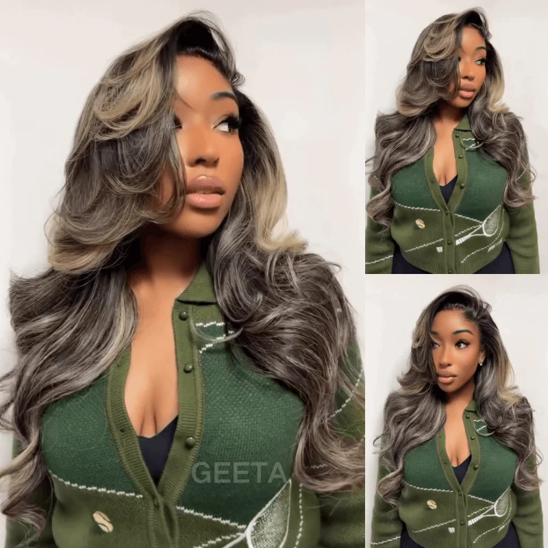 Brown Mixed Golden Color Long Wavy Human Hair Wigs Ombre Brown Balayage Highlight Lace Front Wigs