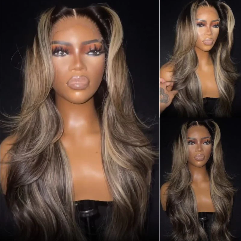 Brown Mixed Golden Color Long Wavy Human Hair Wigs Ombre Brown Balayage Highlight Lace Front Wigs - Image 2
