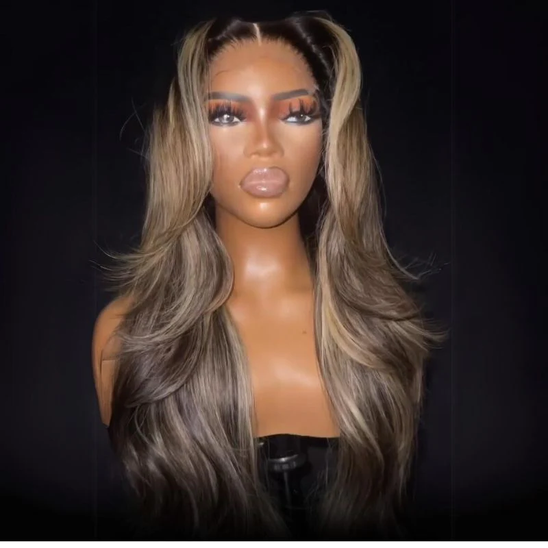 Brown Mixed Golden Color Long Wavy Human Hair Wigs Ombre Brown Balayage Highlight Lace Front Wigs - Image 3
