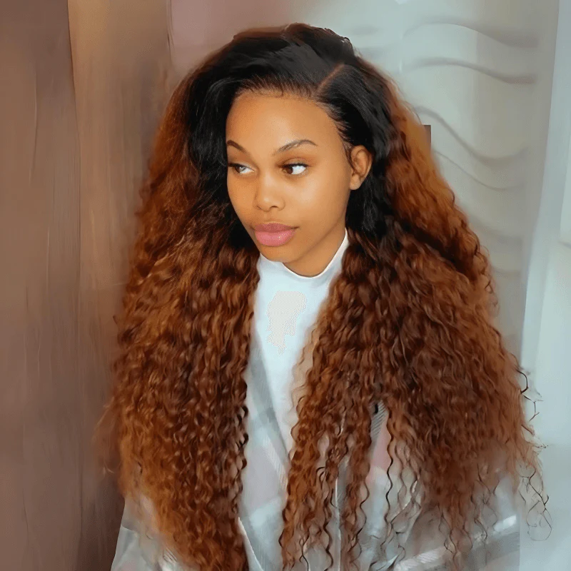 Geeta Caramel Brown Wand Curly 13x4 Lace Front Wig With Dark Root Wig Ombre Color Lace Human Hair Wigs