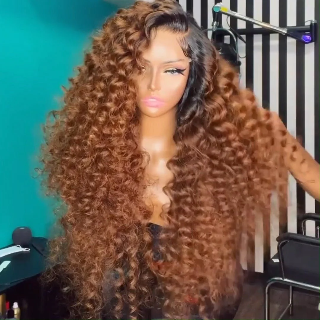 Geeta Caramel Brown Wand Curly 13x4 Lace Front Wig With Dark Root Wig Ombre Color Lace Human Hair Wigs - Image 2