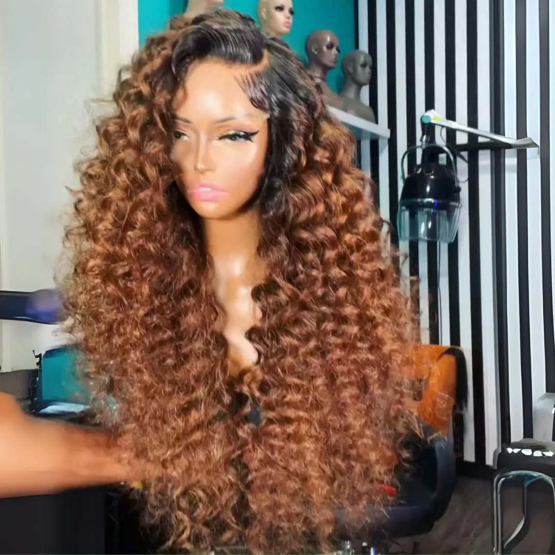 Geeta Caramel Brown Wand Curly 13x4 Lace Front Wig With Dark Root Wig Ombre Color Lace Human Hair Wigs - Image 3