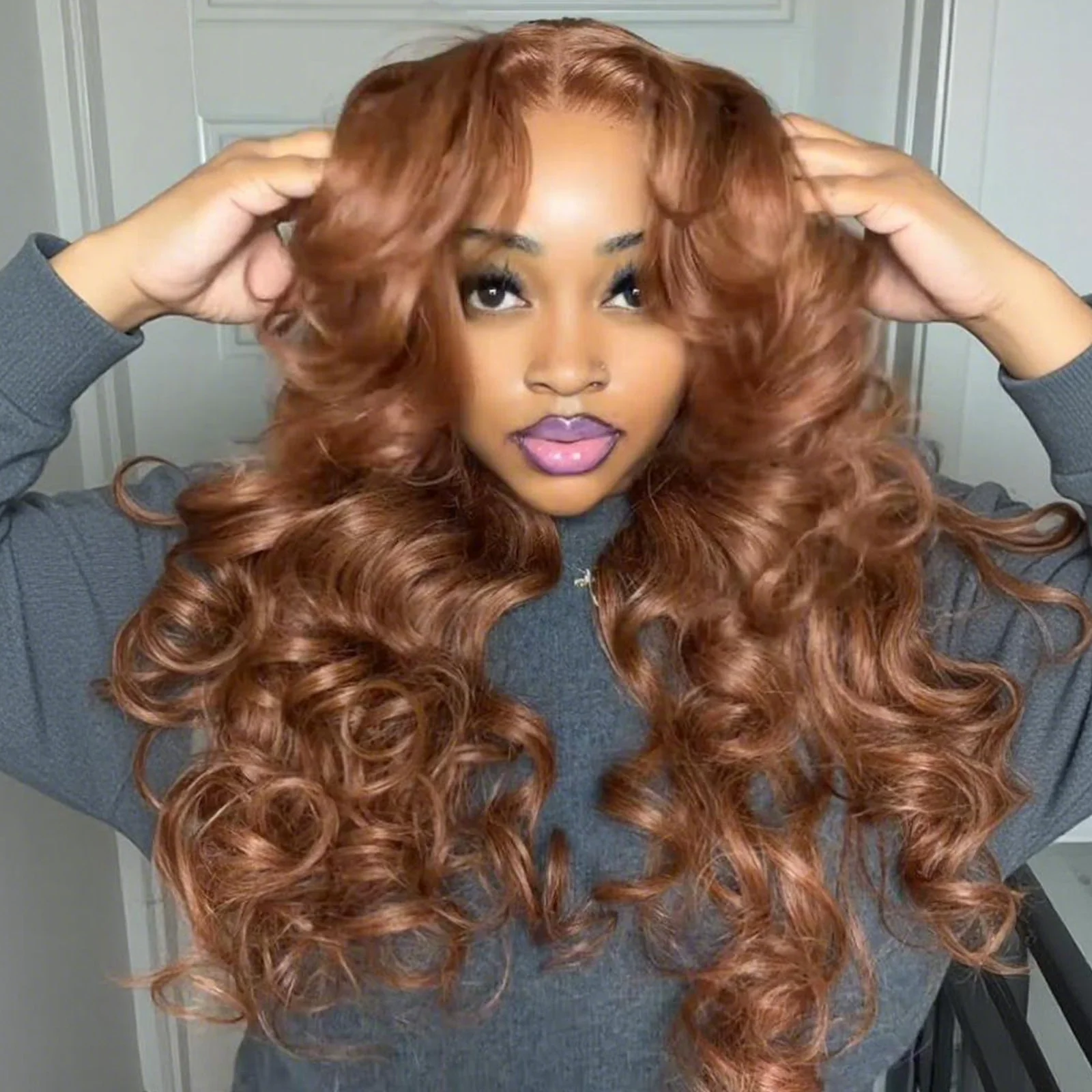 Full 300% Density Cooper Brown Human Hair Glueless Lace Closure/Front Colored Loose Wave Wig - Image 2