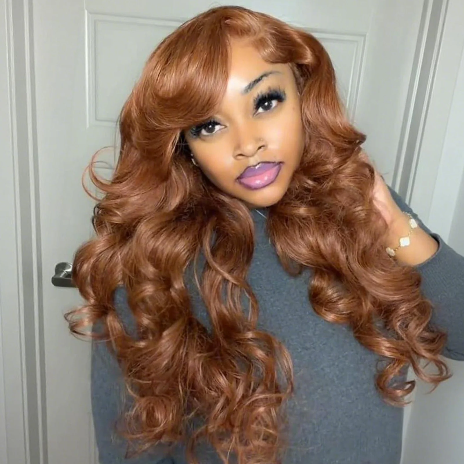 Full 300% Density Cooper Brown Human Hair Glueless Lace Closure/Front Colored Loose Wave Wig - Image 3