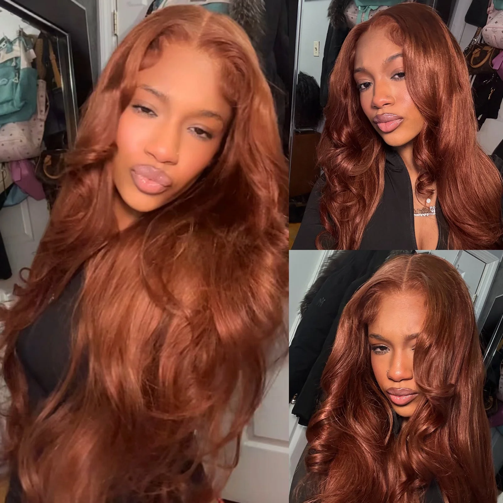 Full 300% Density Cooper Brown Human Hair Glueless Lace Closure/Front Colored Loose Wave Wig - Image 4