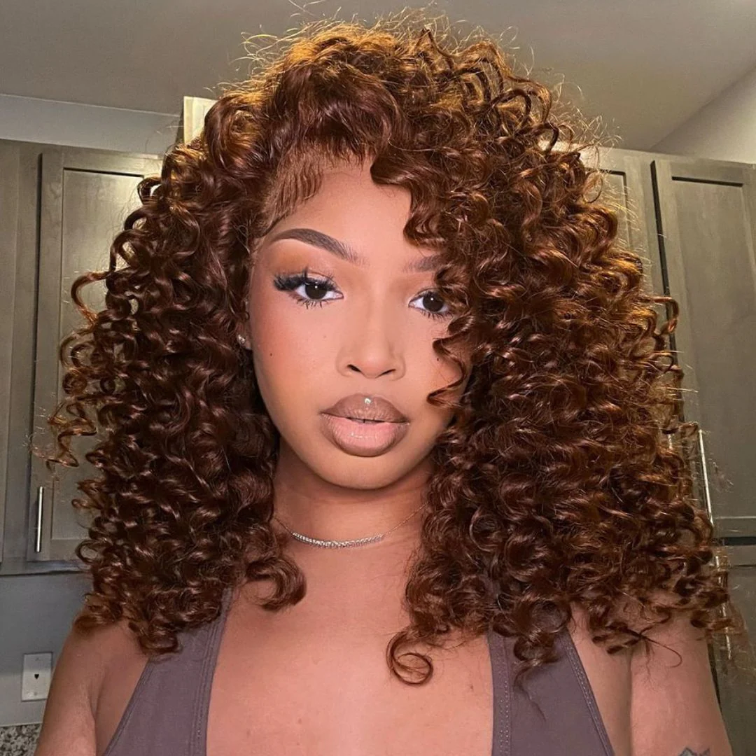 Reddish Brown Ready To Wear Glueless Wigs Bouncy Curl 13x4 Lace Front Human Hair Wig Pre Plucked 250% Density - Image 2