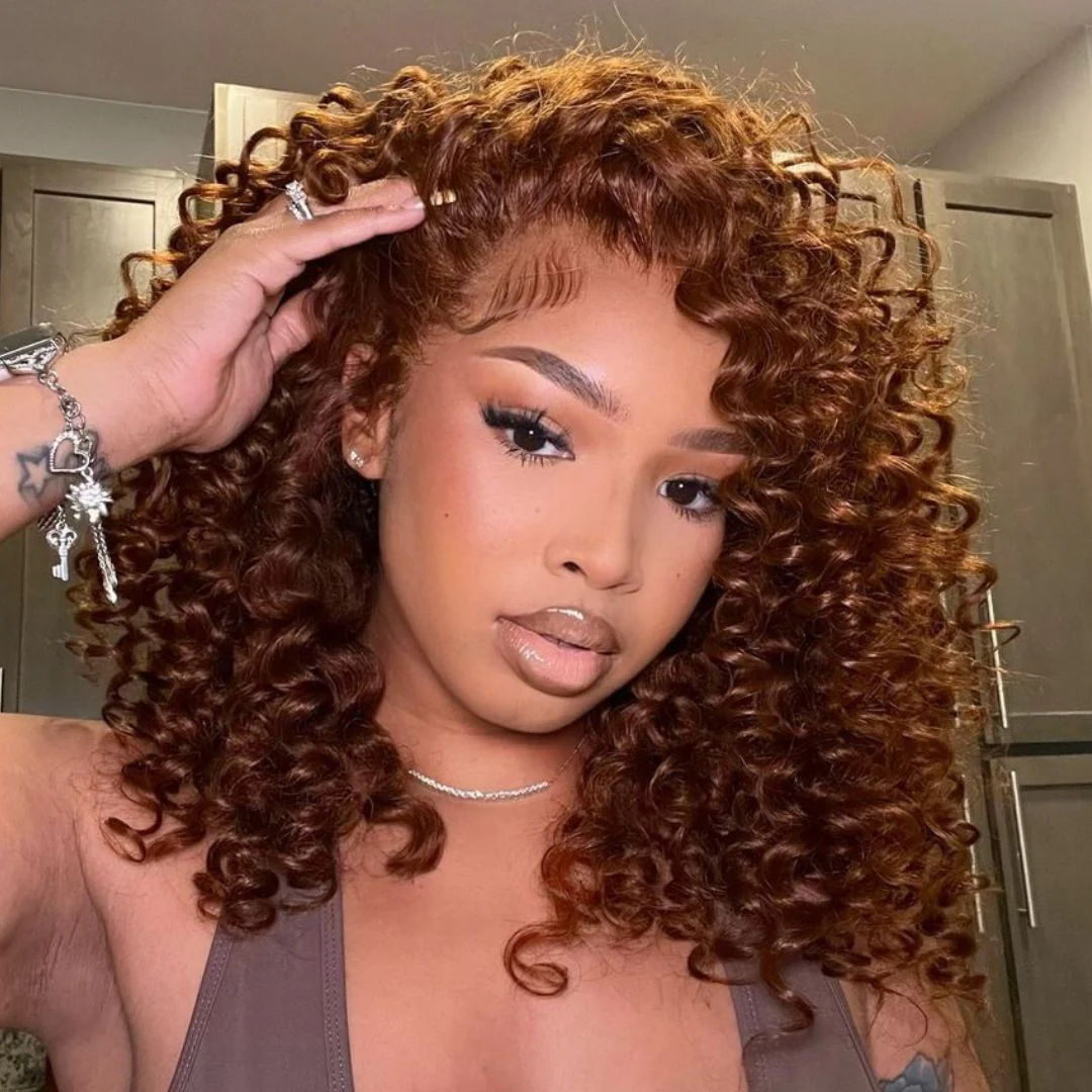 Reddish Brown Ready To Wear Glueless Wigs Bouncy Curl 13x4 Lace Front Human Hair Wig Pre Plucked 250% Density - Image 3