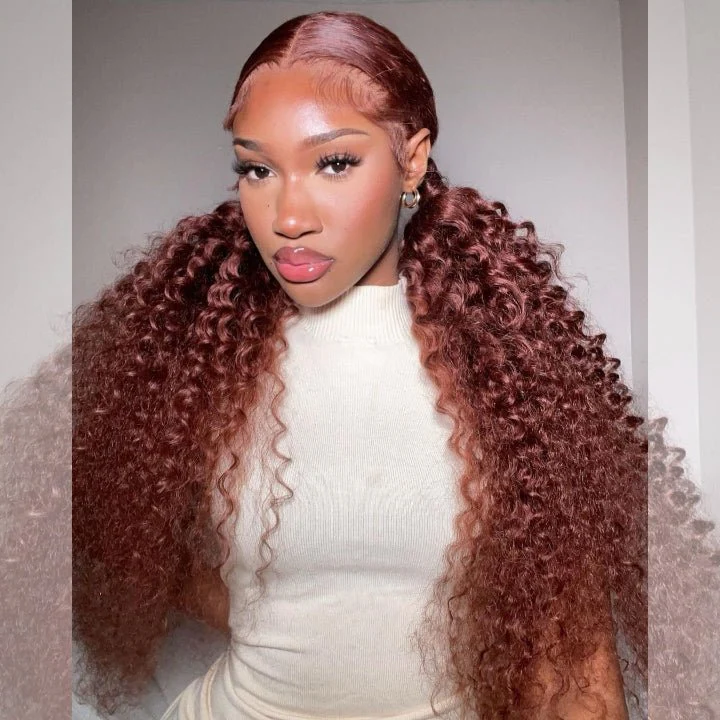 Reddish Brown Jerry Curly 13x4 HD Lace Front Wig Auburn Transparent Lace Human Hair Wigs - Image 3