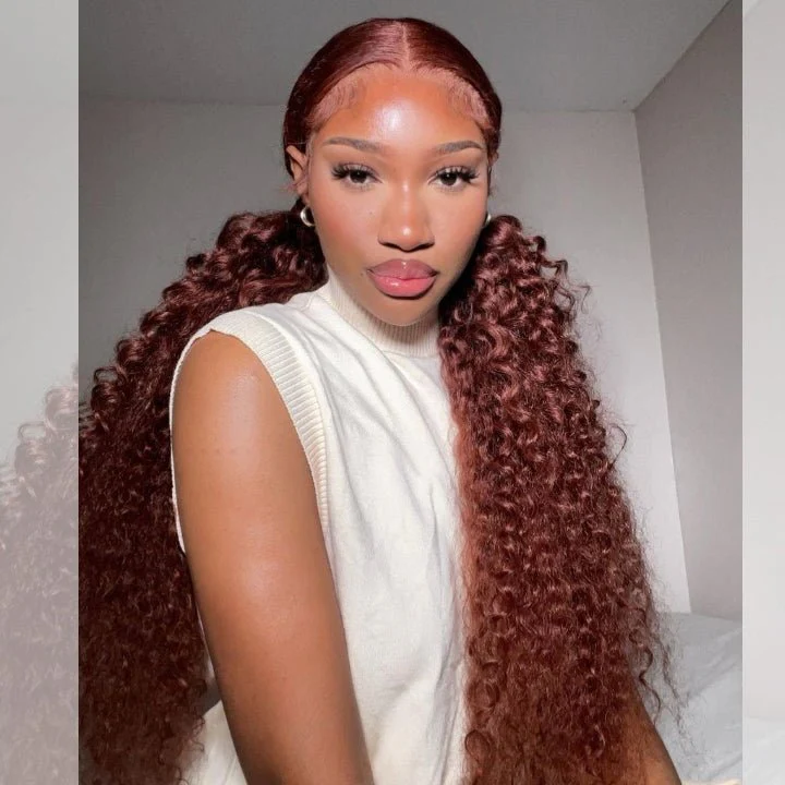 Reddish Brown Jerry Curly 13x4 HD Lace Front Wig Auburn Transparent Lace Human Hair Wigs - Image 4