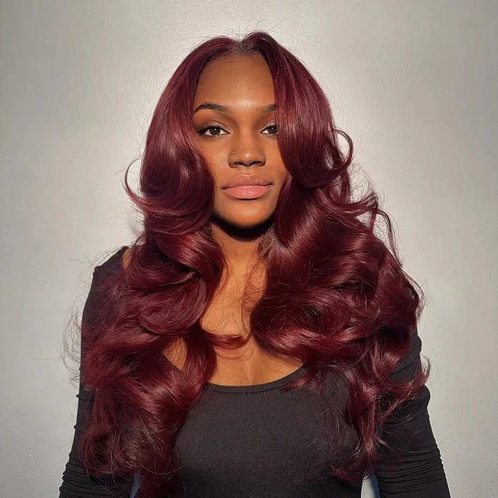 7Ă—5 Lace Curtain Bangs Glueless Wigs 99J Burgundy Body Wave Human Hair Wig Wear Go HD Lace Wig - Image 3