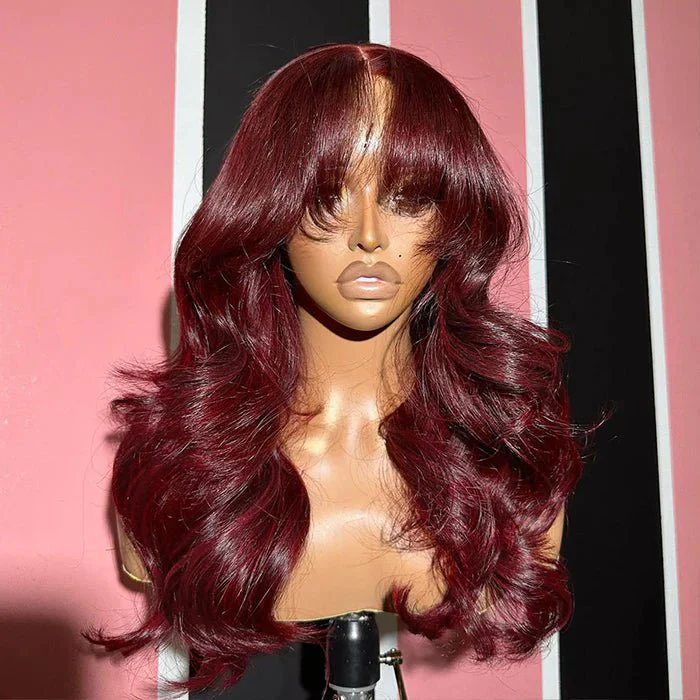 7Ă—5 Lace Curtain Bangs Glueless Wigs 99J Burgundy Body Wave Human Hair Wig Wear Go HD Lace Wig - Image 4