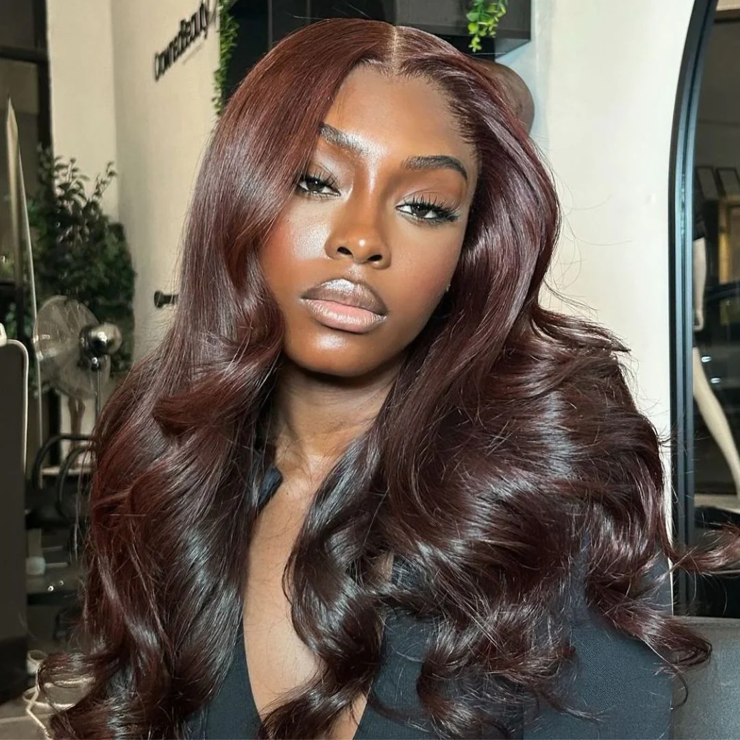 Curtain Bangs Glueless Wigs Body Wave Lace Front Wig Brown Colored Wig 180% Density - Image 3