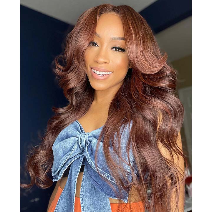 Curtain Bangs Glueless Wigs Body Wave Lace Front Wig Brown Colored Wig 180% Density - Image 6