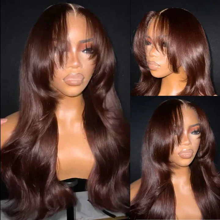 Curtain Bangs Glueless Wigs Body Wave Lace Front Wig Brown Colored Wig 180% Density - Image 7
