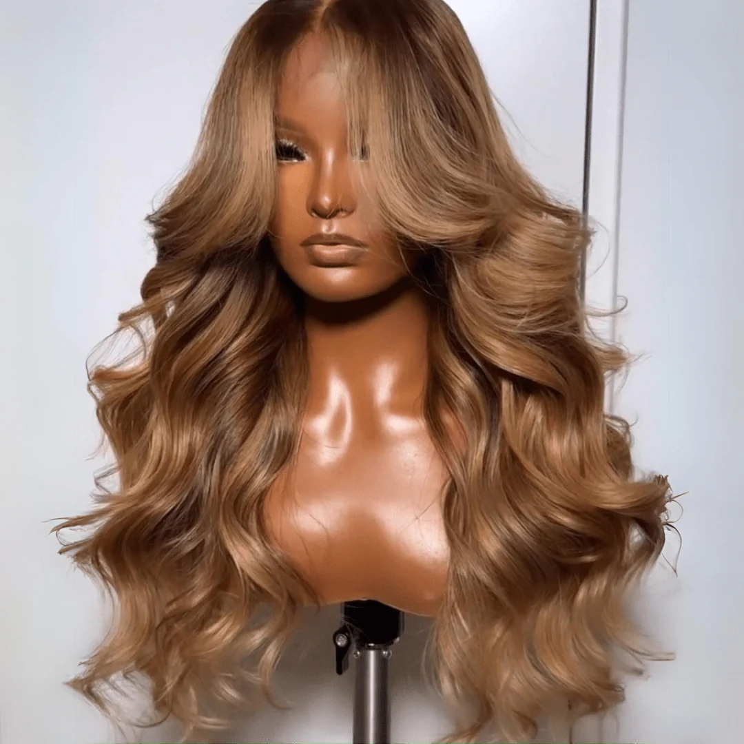 Geeta Dark Brown Curtain Bangs 13x4 Lace Front Wig Brown with Blonde Highlights Lace Front Human Hair Wigs - Image 2