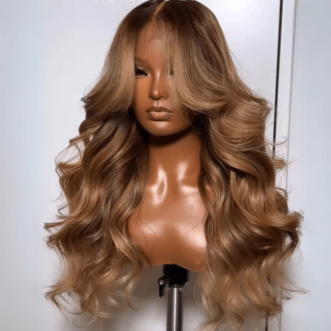 Geeta Dark Brown Curtain Bangs 13x4 Lace Front Wig Brown with Blonde Highlights Lace Front Human Hair Wigs - Image 3