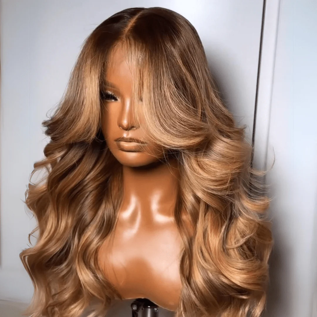 Geeta Dark Brown Curtain Bangs 13x4 Lace Front Wig Brown with Blonde Highlights Lace Front Human Hair Wigs - Image 4