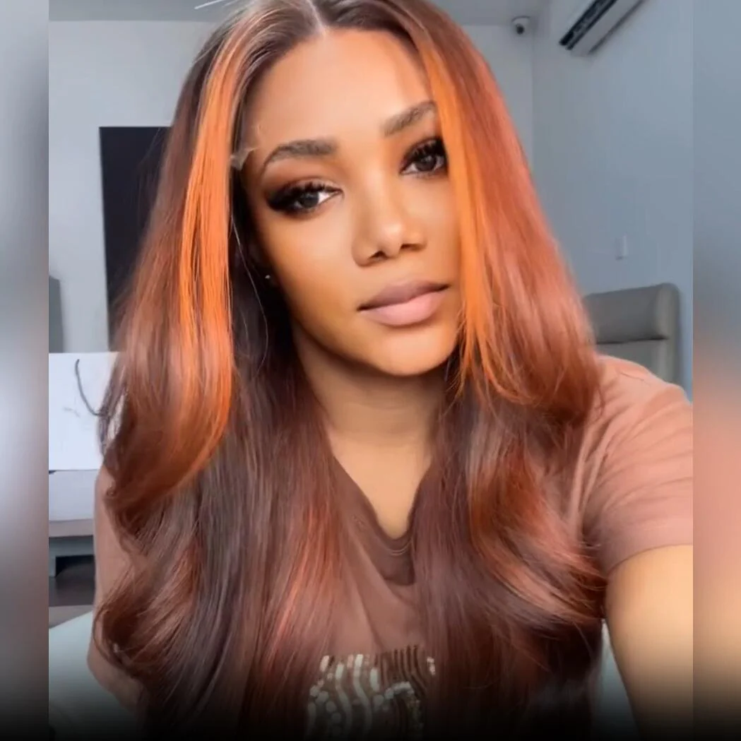 Geeta Dark Brown Highlight Body Wave HD Lace Front Wig Copper Color Face Frame Highlights Human Hair Wigs - Image 4