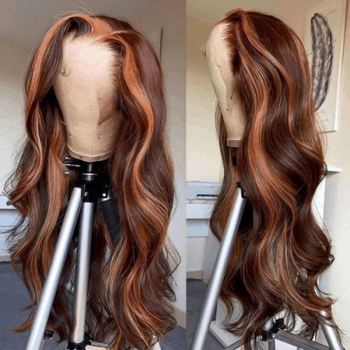 Geeta Dark Brown Highlight Body Wave HD Lace Front Wig Copper Color Face Frame Highlights Human Hair Wigs - Image 5