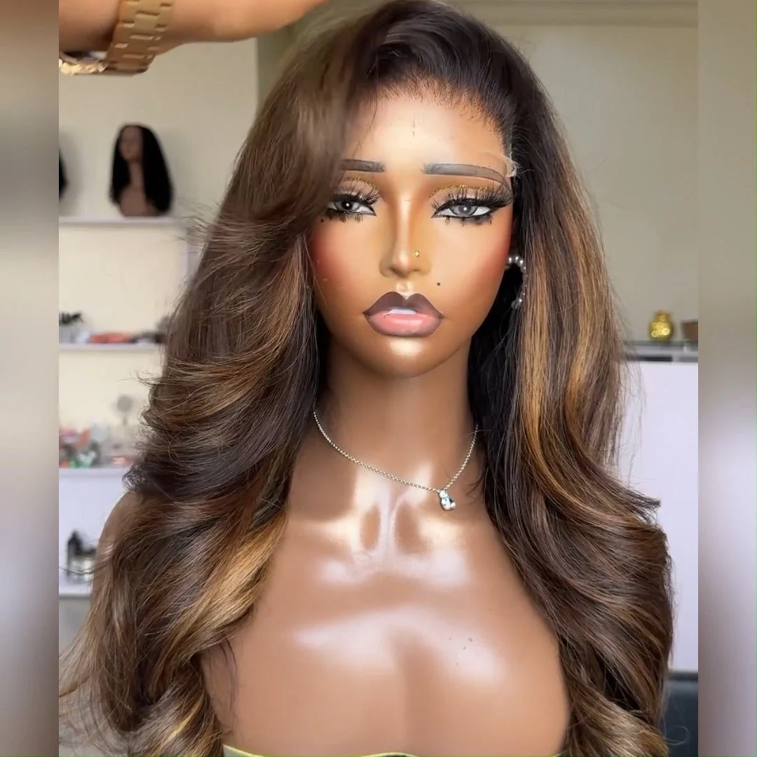 Dark Brown Highlight Wig Long Natural Wavy 13x4 Lace Front Wigs For Women Pre Plucked With Baby Hair - Image 3