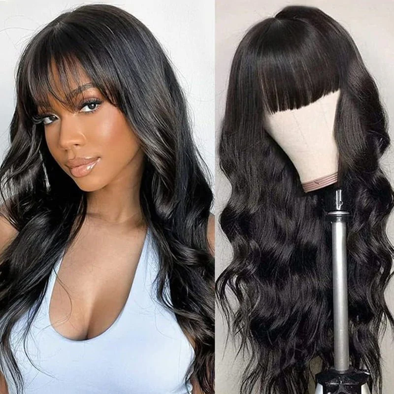 Flash Sale $99 Get 20inch Geeta Long Body Wave Hair With Bangs Glueless Natural Black Human Hair Wig - Image 2