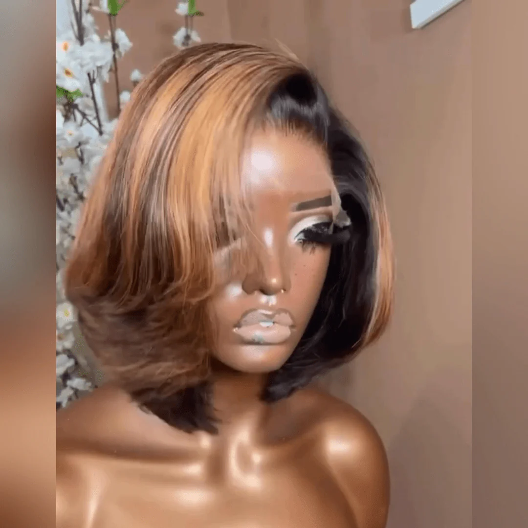 Flash Sale Brown Highlight Glueless Wigs Natural Wavy Side Part Pre Cut Lace Wigs Short Bob Wig 13x4 Lace Front Wig - Image 2