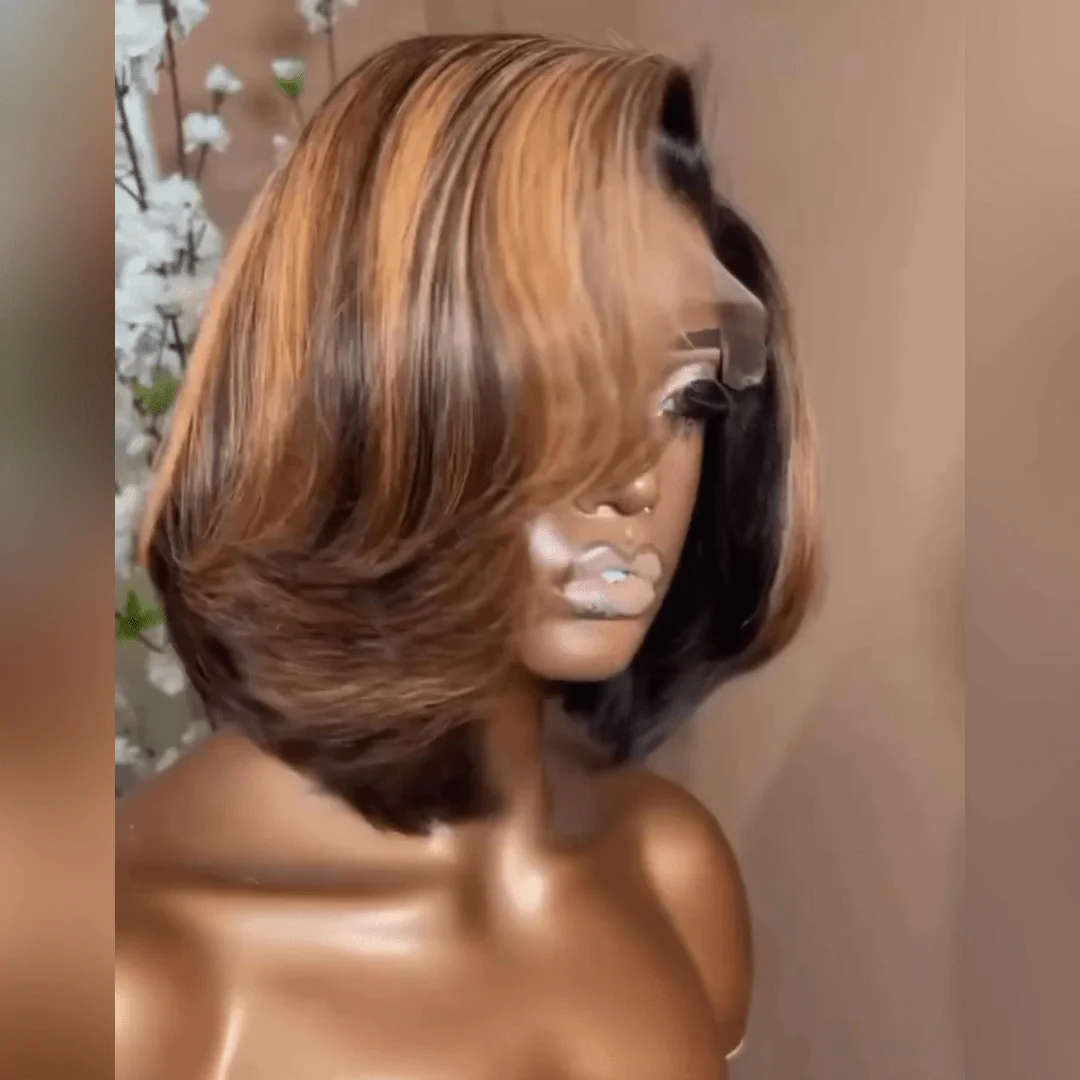 Flash Sale Brown Highlight Glueless Wigs Natural Wavy Side Part Pre Cut Lace Wigs Short Bob Wig 13x4 Lace Front Wig - Image 3