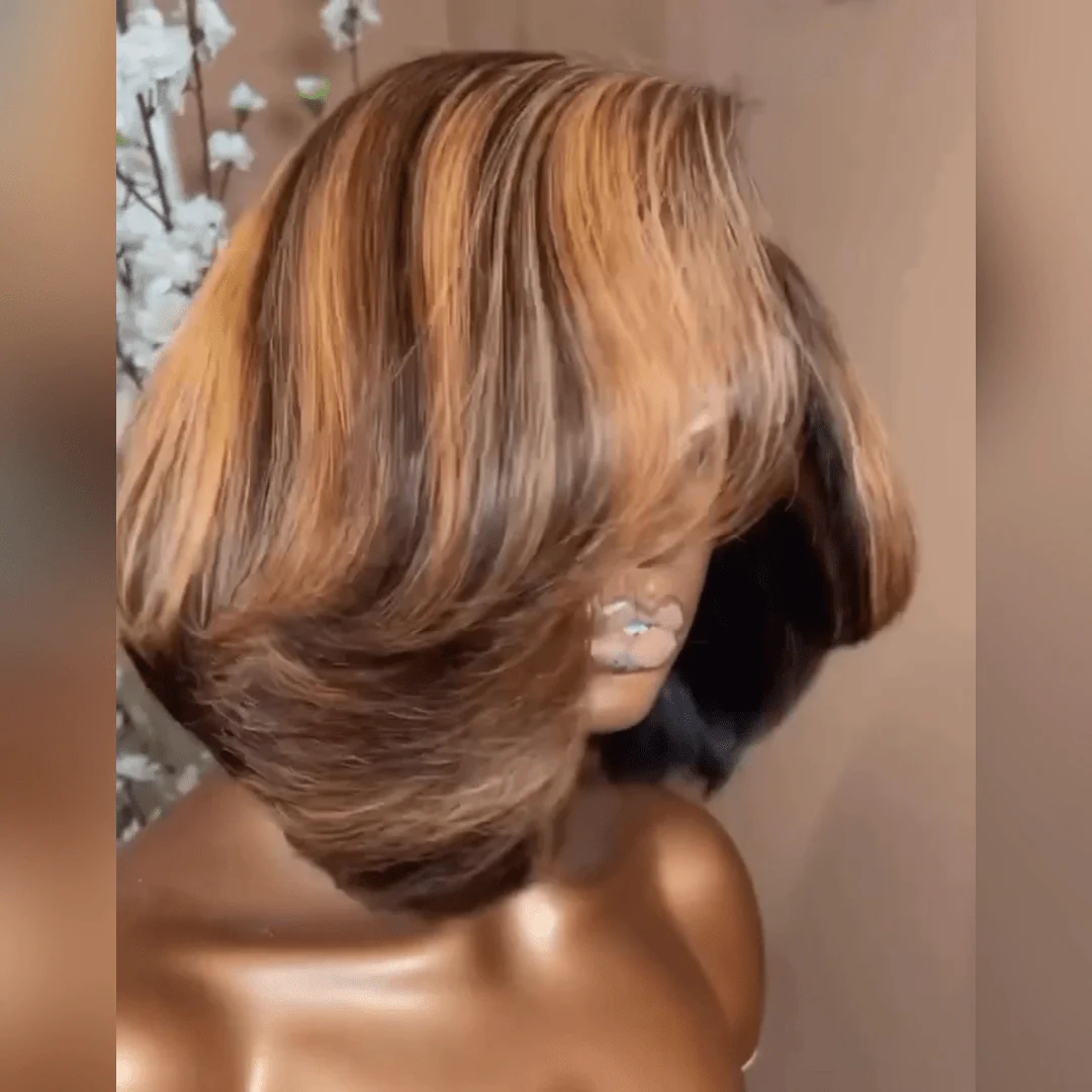 Flash Sale Brown Highlight Glueless Wigs Natural Wavy Side Part Pre Cut Lace Wigs Short Bob Wig 13x4 Lace Front Wig - Image 4