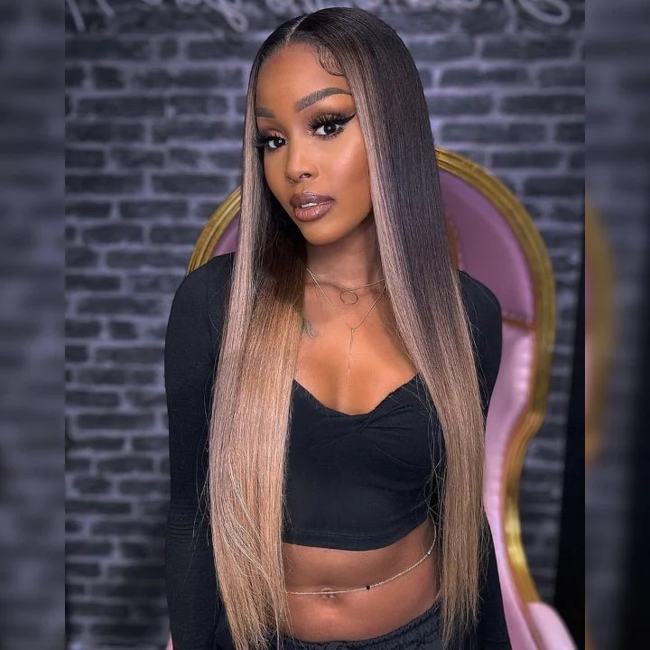 Funky Colored Wigs | Glueless 13x4/6x4.5 Money Piece Light Blonde Straight HD Transaparent Pre Cut Lace Human Hair Wigs With Breathable Cap Skunk Stripe Air Wig-Geeta Hair - Image 2