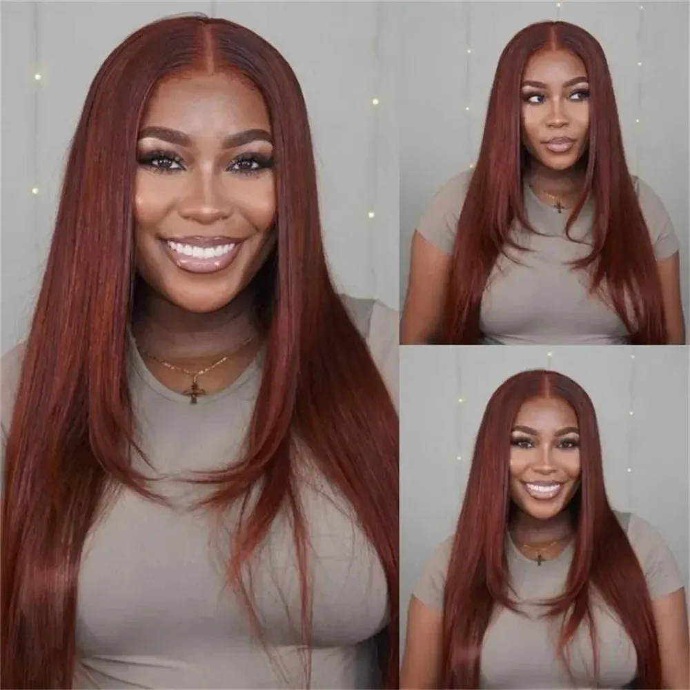 Geeta Layered Straight 13x4/4x4 Reddish Brown Lace Frontal Wig HD Transparent Human Hair Wigs Auburn Colored Wig - Image 3