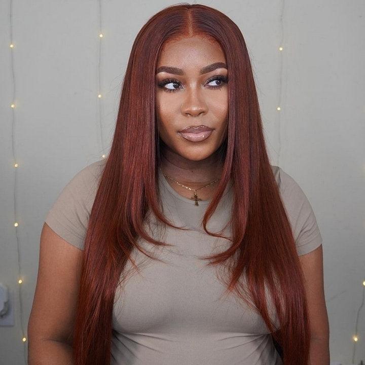 Geeta Layered Straight 13x4/4x4 Reddish Brown Lace Frontal Wig HD Transparent Human Hair Wigs Auburn Colored Wig - Image 5