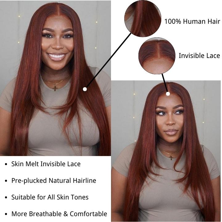 Geeta Layered Straight 13x4/4x4 Reddish Brown Lace Frontal Wig HD Transparent Human Hair Wigs Auburn Colored Wig - Image 7