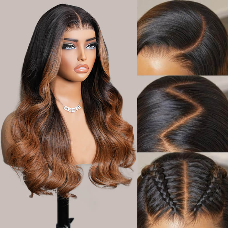 7x5 Glueless Lace Body Wave Wig Chestnut Brown Ombre Color Invisi Drawstring Put on and Go Wig - Image 3