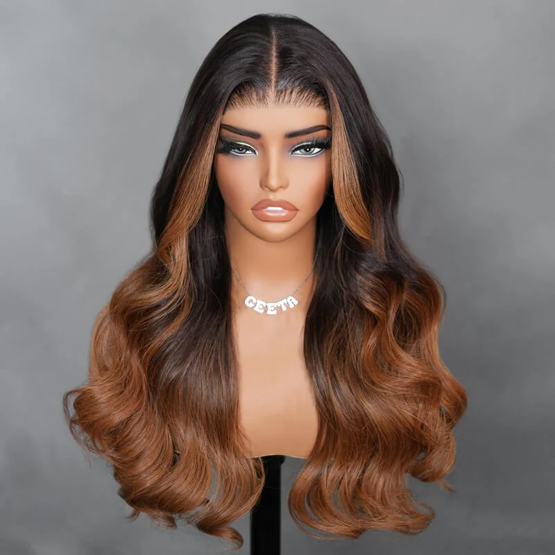 7x5 Glueless Lace Body Wave Wig Chestnut Brown Ombre Color Invisi Drawstring Put on and Go Wig - Image 4