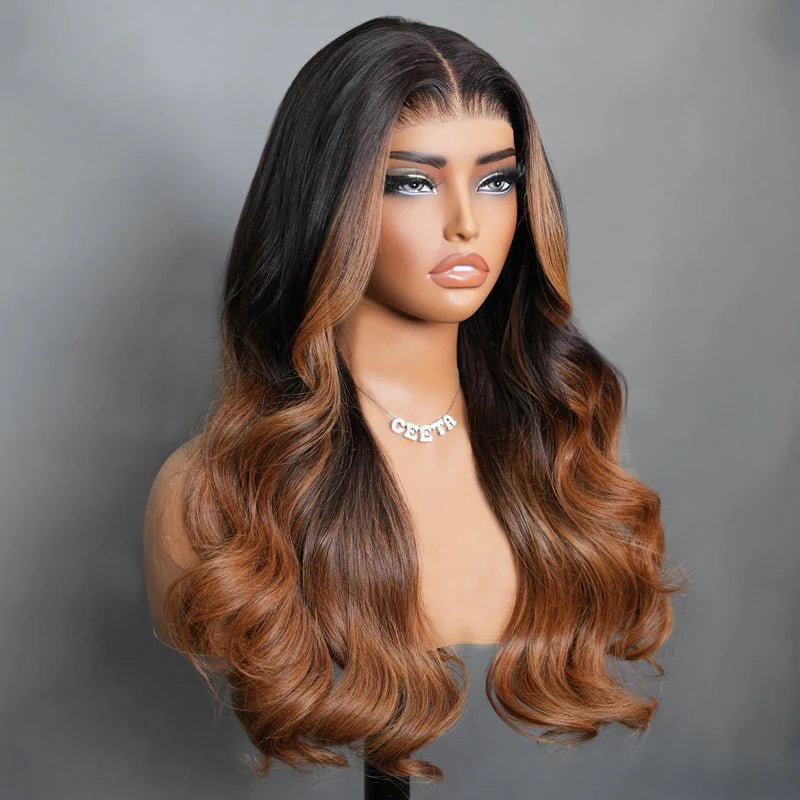 7x5 Glueless Lace Body Wave Wig Chestnut Brown Ombre Color Invisi Drawstring Put on and Go Wig - Image 5