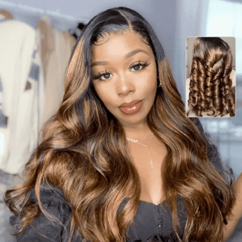 Balayage Brown Highlight 3D Body Wave 13x4 Lace Front Invisi Drawstring Put On and Go Glueless Lace Wig Flash Sale - Image 2