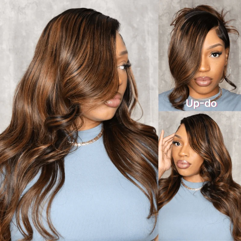Balayage Brown Highlight 3D Body Wave 13x4 Lace Front Invisi Drawstring Put On and Go Glueless Lace Wig Flash Sale - Image 3