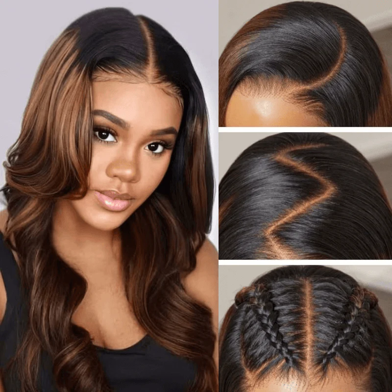 Balayage Brown Highlight 3D Body Wave 13x4 Lace Front Invisi Drawstring Put On and Go Glueless Lace Wig Flash Sale - Image 4