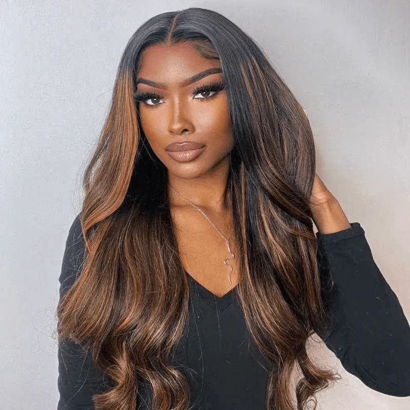 Balayage Brown Highlight 3D Body Wave 13x4 Lace Front Invisi Drawstring Put On and Go Glueless Lace Wig Flash Sale - Image 5